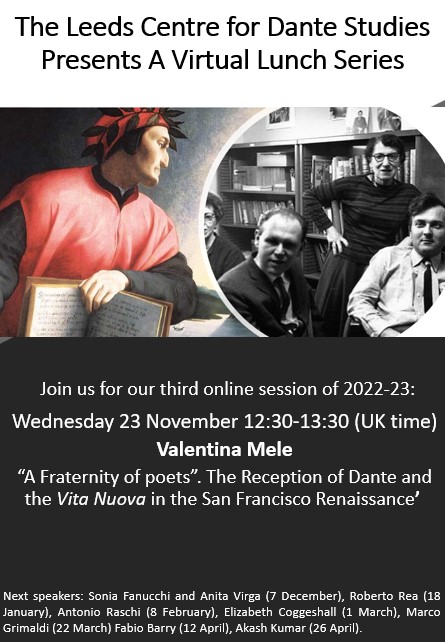 CamillaBambozzi's tweet photo. Looking forward to the third session of @LeedsDante Lunch Series with our very own Valentina Mele! The event is on Zoom on Wednesday 23 November at 12:30-13:30 (UK time). Register:  https://t.co/JxTrZfrhj0 https://t.co/Y6a6Y5sGfC
