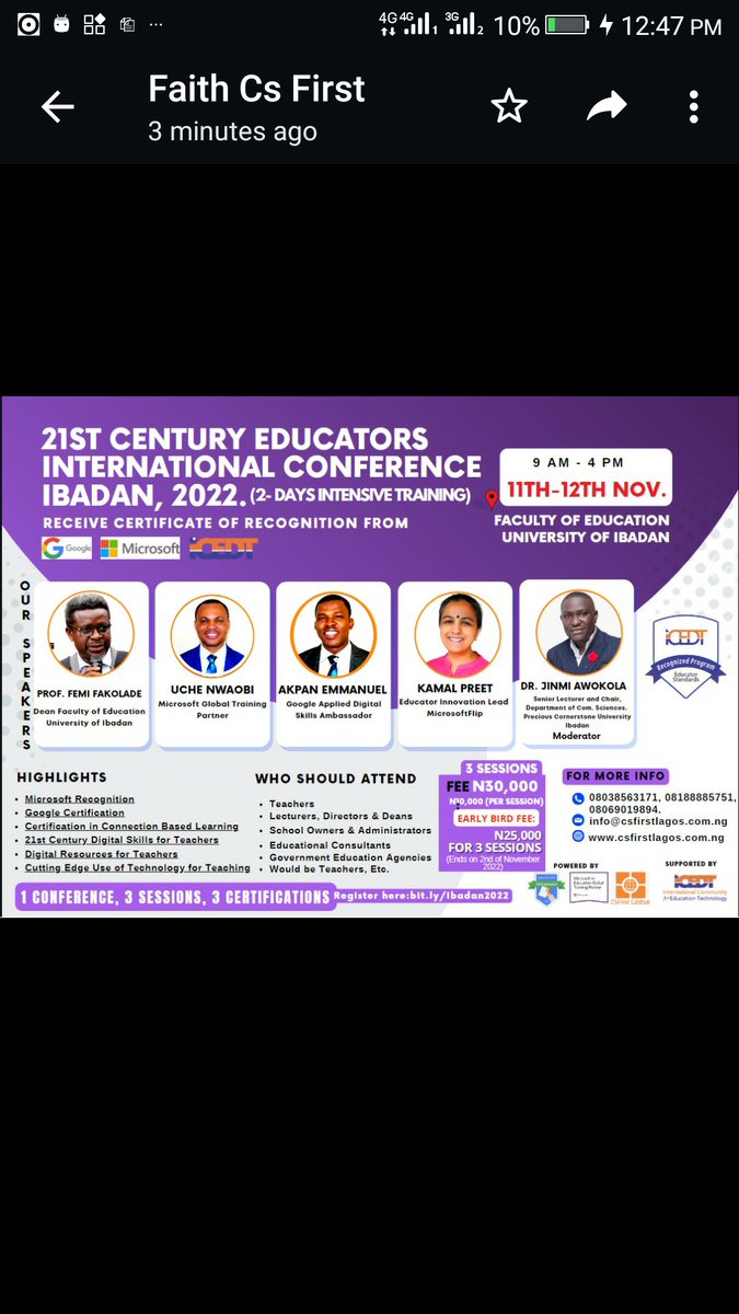 csfirstlagos's tweet image. *HAVE YOU TAKING NECESSARY ACTIONS TO BE AMONG THE EDUCATORS THAT WILL BE CERTIFIED BY MICROSOFT, GOOGLE AND ICEDT?* IF NO, REGISTER/PAY TO BE A PARTICIPANT IN OUR UP COMING 21ST CENTURY EDUCATORS CONFERENCE. THIS IS A CONFERENCE THAT GIVES YOU AN EDGE AMONG OTHER EDUCATORS!!!