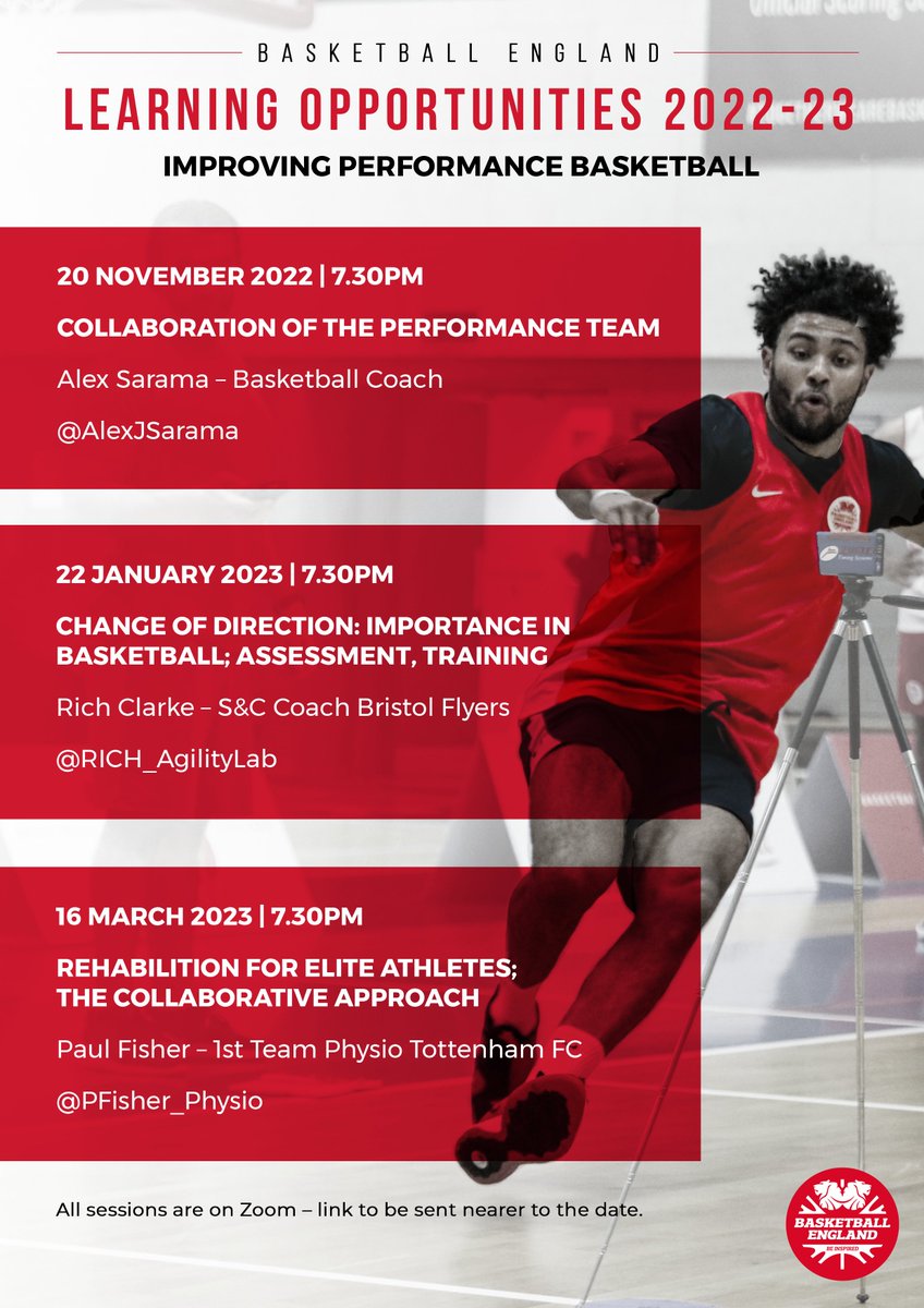 bballengland's tweet photo. We are hosting a series of FREE sports science and medicine (SSM) webinars, featuring three speakers with a wealth of knowledge to share from their time working in elite sport.
➡ https://t.co/Fjzxop5AZ6
#GameTime | #GetInvolved https://t.co/LRlU5V8iFI