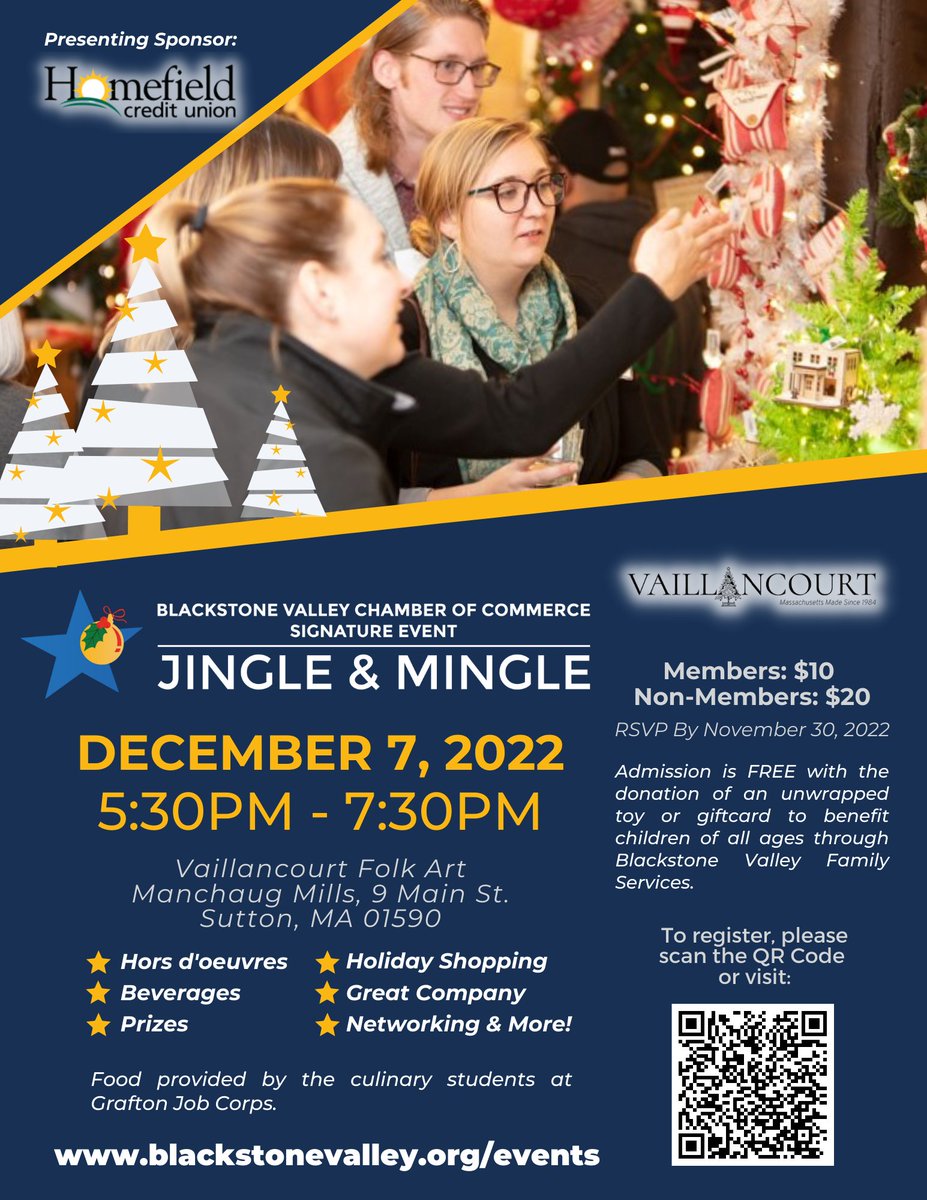 BVCC Jingle &amp; Mingle Returns To Vaillancourt Folk Art on December 7th! Registration is now open! Register online at blackstonevalley.org/events. 

#jingleandmingle #bvcc #jingle #mingle #holiday
