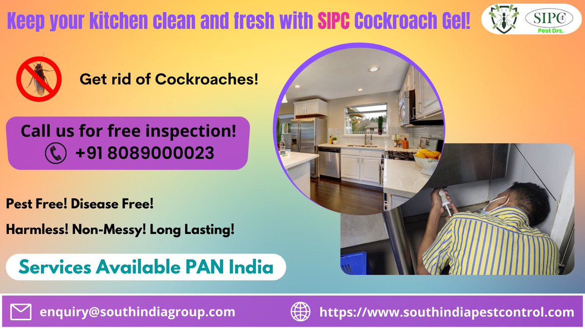 sipcpestcontrol's tweet photo. Nothing is worse than seeing a live cockroach in your kitchen! Keep your kitchen clean and fresh with SIPC cockroach gel treatment. 
Visit: https://t.co/5lyWf3t7vi
Call: 8089000023
#cockroaches #cockroachcontrol #cockroachcontrolservice #cockroachgel #pestcontrol #pestremoval https://t.co/3glsTsGeMG