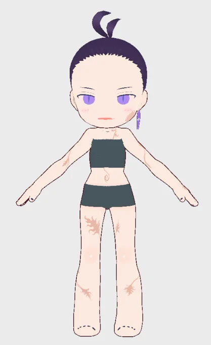 3.5頭身くらいのちっちゃいVroidアザミさんを作りたくてコネコネしています「肌八重歯」使ってみたかったんよ!横向きになるとちゃんと鼻があります。髪の毛と服は時間かかるので、今日はここまで〜 