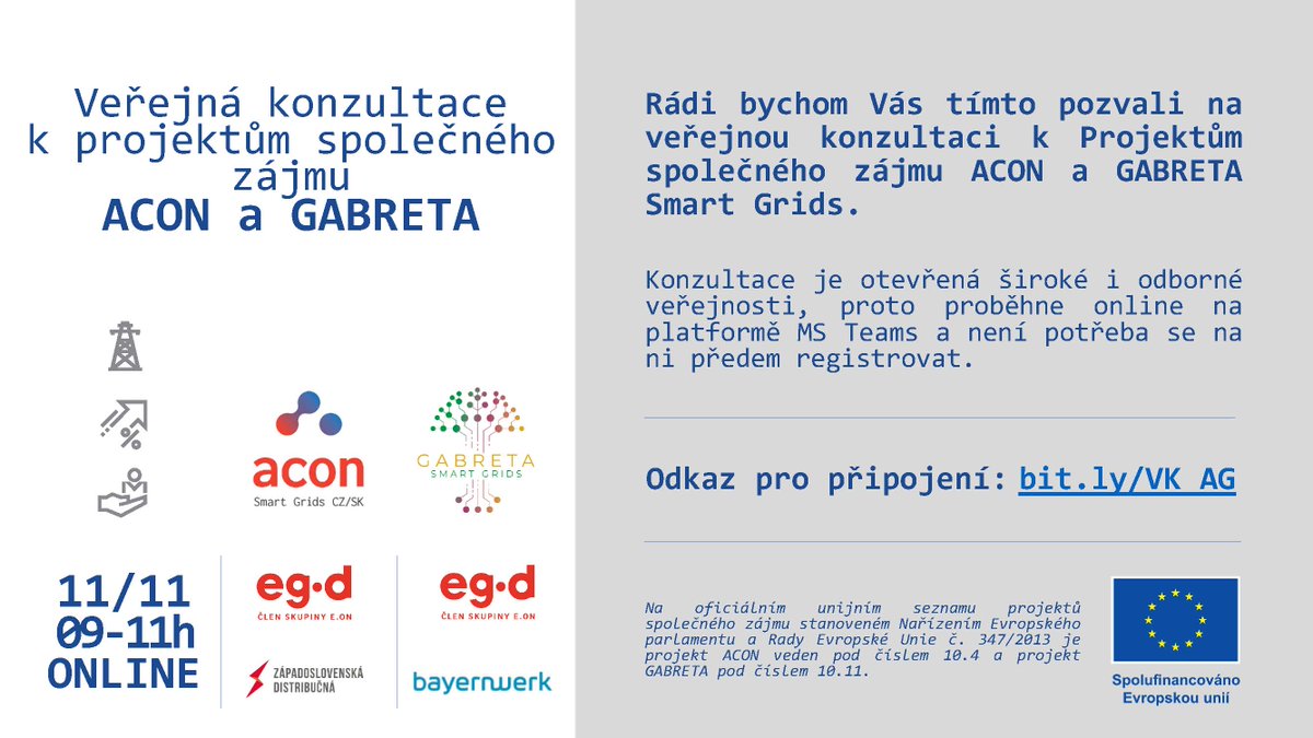 AconGrids's tweet photo. The EG.D company invites you to an online public consultation concerning the projects ACON and Gabreta Smart Grids Would you like to join us? The public consultation is open to professionals as well as the general public –> https://t.co/367d3WQibi. https://t.co/Krto9SxbXb