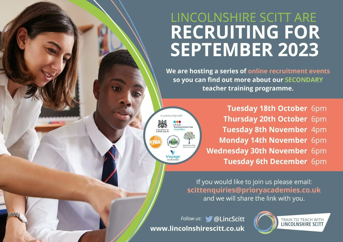 Thinking of training to teach?  Our next #secondary online recruitment event is tomorrow Tuesday 8th November at 4pm buff.ly/3JJcB5D 

💻 email scittenquiries@prioryacademies.co.uk for the link 

<a href="/UoLCareers/">University of Lincoln Careers & Employability</a> <a href="/UoLMathsPhys/">Lincoln School of Mathematics & Physics</a> @UniLincolnArts