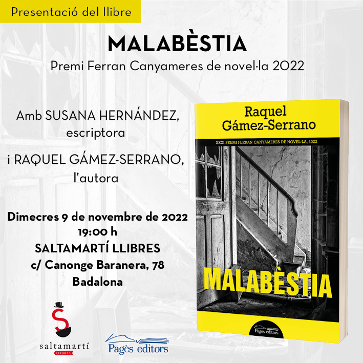 Us convidem a la presentació, aquest dimecres a #Badalona, de 'Malabèstia', la novel·la negra de <a href="/Raquel_GSerrano/">Raquel Gámez-Serrano</a> guanyadora del Premi Ferran Canyameres 2022. 

📍A les 19 h, a <a href="/Saltamartillibr/">Saltamartí llibres</a>, amb l'autora i <a href="/shernandezbarna/">susana hernandez</a>