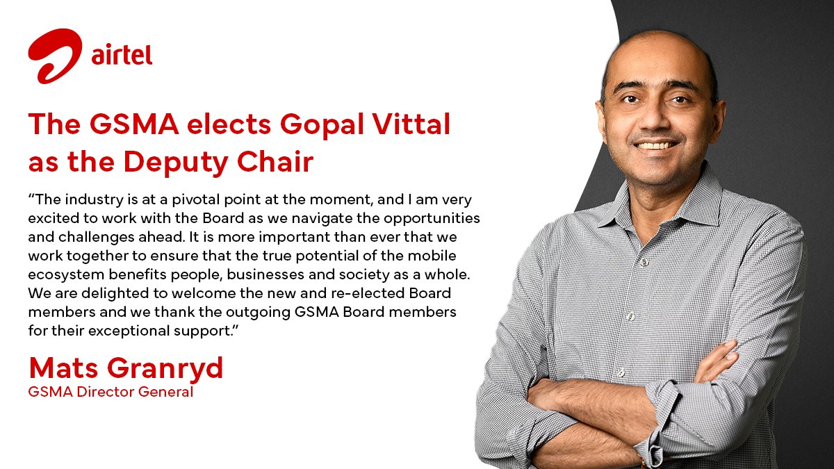 airtelnews's tweet photo. Gopal Vittal, CEO of Bharti Airtel is elected as the Deputy Chair of @GSMA https://t.co/G6qQWMXejy