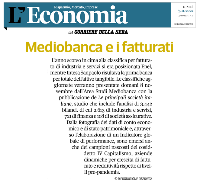 mediobanca's tweet photo. #MBPress - Domani l’ #AreaStudiMediobanca presenterà Le Principali Società Italiane, un’analisi sui bilanci di 3.442 società di industria e servizi, finanza e assicurative. Dalla fotografia emergeranno le aziende virtuose per crescita di fatturato e redditività
#Mediobanca https://t.co/vF4lZ00eXu