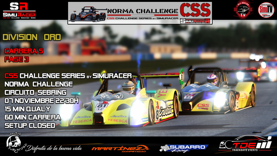 SimuRacer's tweet image. 🏁 División ORO 🏁

Esta noche 5ª Carrera y FINAL de la Norma Challenge de SimuRacer retransmitida por 
@AllRacingtv

🌍Circuito: Sebring
✔️Qualy: 22:30
✅Race: 22:45
📽️Retransmisión: twitch.tv/allracingtv

Mucha suerte a tod@s