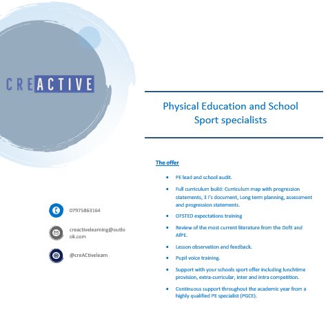 Good morning PE people 😀. I would just like to take this time to share the offer that CreACtive learning is implementing in schools around Oldham. Please contact me with any enquiries. Let’s make Oldham’s PE and Schools Sport the best around! Tim 😀👍