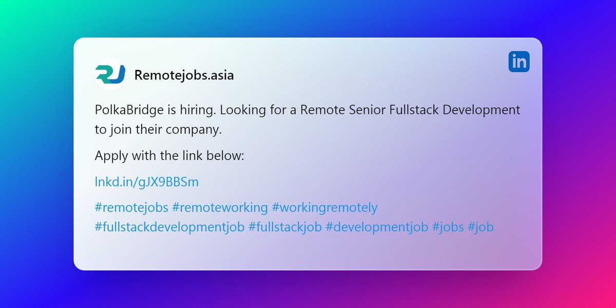 KerjaRemote_'s tweet photo. @PolkaBridge is hiring. Looking for a Remote Senior Fullstack Development to join their company.

Apply with the link below:

https://t.co/4ShrirzZ4D

#remotejobs #remoteworking #workingremotely #fullstackdevelopmentjob #fullstackjob #developmentjob  #jobs #job https://t.co/2ZZtsjf0t8