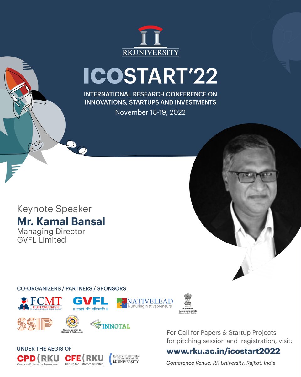RKUniversity's tweet photo. We are proud to have such renowned personalities in ICOSTART'22 - A two-day international research conference and summit on Innovations, Startups & Investments on Nov 18-19, 2022 at RK University, India.
#icostart #entrepreneurship #entrepreneur #startup #India #rkuniversity https://t.co/ohLzJAIggC