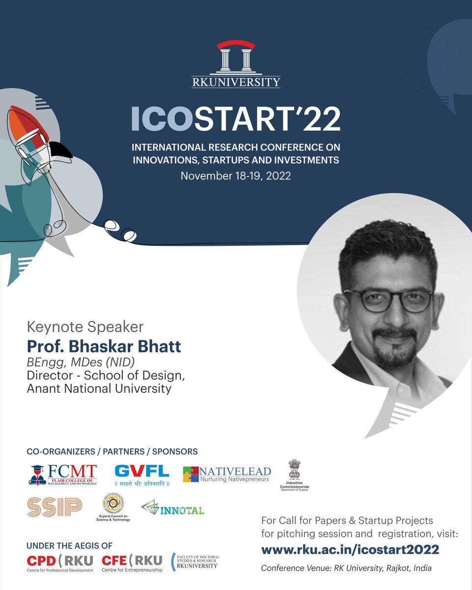 RKUniversity's tweet photo. We are proud to have such renowned personalities in ICOSTART'22 - A two-day international research conference and summit on Innovations, Startups & Investments on Nov 18-19, 2022 at RK University, India.
#icostart #entrepreneurship #entrepreneur #startup #India #rkuniversity https://t.co/ohLzJAIggC