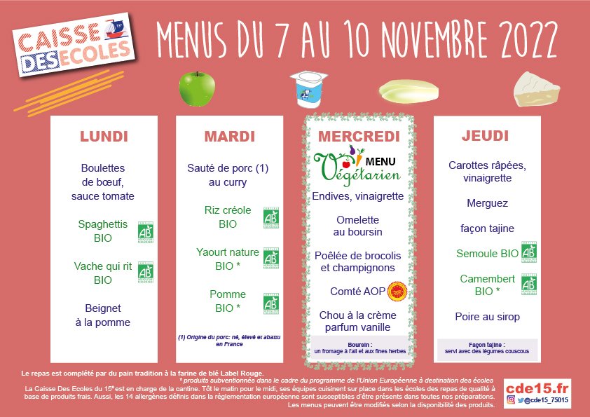 cde15_75015's tweet photo. Les menus du 7 au 10 novembre 2022 (menus et allergènes téléchargeables sur https://t.co/oPDZxtzSOi) #cde15 #paris15 #cantine #jaimemacantine https://t.co/b90zvisN0b
