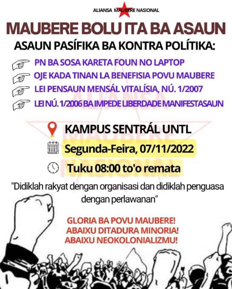The National Maubere Alliance and civil society members are calling on the public to demonstrate all week opposite Parliament, on University of Timor-Lorosa'e central campus #PovuMaubere #UNTL