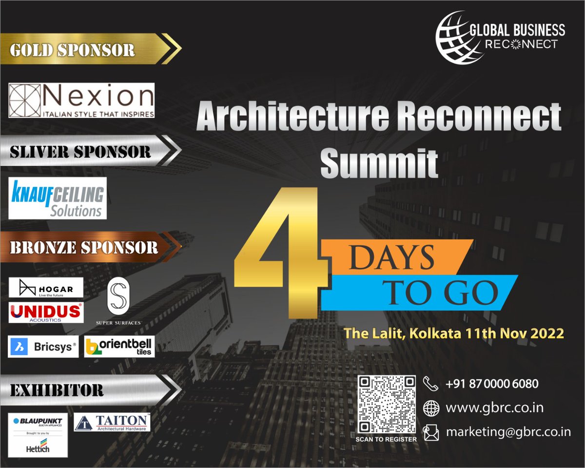 ArchBulletin's tweet photo. ONLY FOUR DAYS TO GO....
See you at Architecture Reconnect Summit-Kolkata on 11th November at The Lalit.
Stay tuned for more updates...
#architecturereconnectsummit #nexion #knauf #hogar #unidus #bricsys #orientbell #supersurfaces #taiton #hettich #ars #gbrc #globalbusiness https://t.co/w7xdeSs3ji