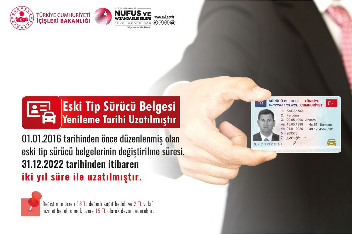 01.01.2016 tarihinden önce alınan Eski Tip Sürücü Belgelerinin değiştirme süresi, 31.12.2022 tarihinden itibaren 2 yıl süreyle aynı ücretle (13 değerli kâğıt bedeli +2 vakıf bedeli toplam 15 TL) uzatılmıştır. Yeni haftaya Bismillah
<a href="/TCNufus/">Nüfus ve Vatandaşlık İşleri Genel Müdürlüğü</a> #HayatınızınHerAnında