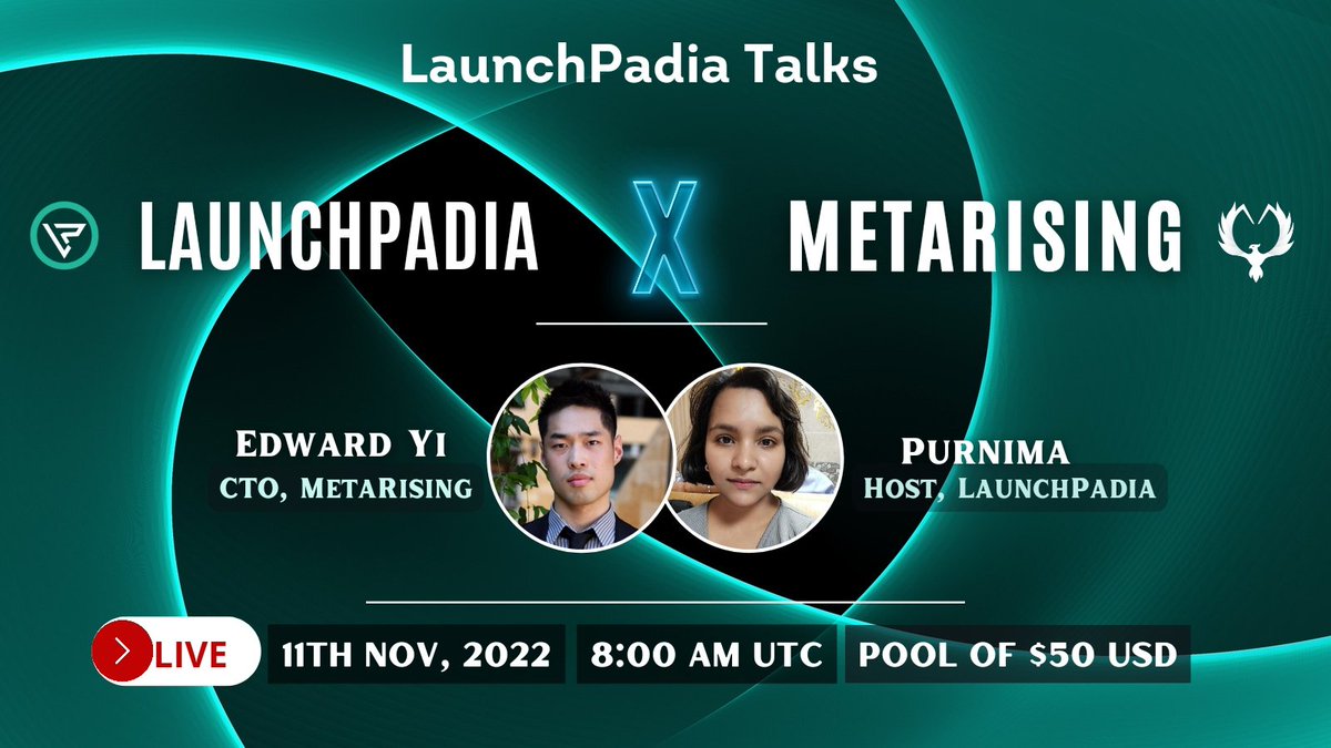 LaunchPadia's tweet photo. Launchpadia will host #AMA with Metarising on 11th November 2022 at 8 AM UTC . 

🎁 Reward pool : 50$ 

🏠 Venue : https://t.co/k6wXjegEFb

Rules : 
1️⃣. Follow: @LaunchPadia &amp; @playmetarising
2️⃣. Like, Retweet &amp; send your best question guys 💪 https://t.co/3P7FNPUfSW