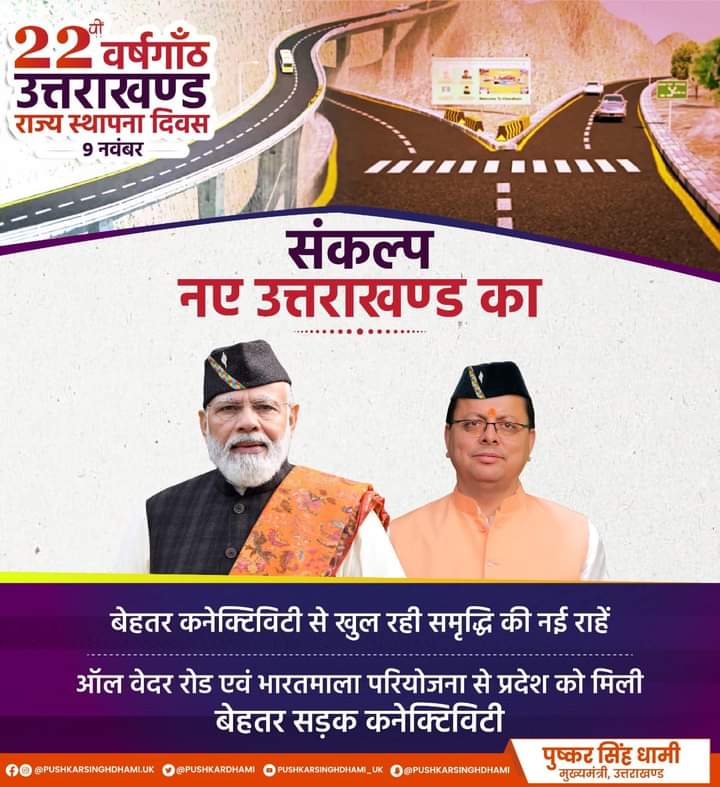 pushkardhami's tweet photo. विगत वर्षों में प्रद���श की डबल इंजन सरकार के नेतृत्व में बेहतर सड़क कनेक्टिविटी से यातायात के क्षेत्र में नए आयाम स्थापित किए गए हैं। वर्ष 2025 तक हम उत्तराखण्ड को अग्रणी राज्यों की श्रेणी में लाने के लिए प्रतिबद्ध हैं। https://t.co/PVQ4Pnpk3M