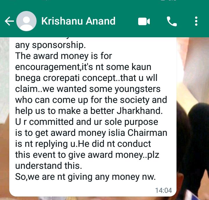 <a href="/YuvaSadan/">Yuva Sadan</a> 3.0 organised in May'22 was denied #sponsorship from <a href="/SportsJhr/">Directorate of Sports & Youth Affairs, Jharkhand</a> &amp; ICICI Bank. So, they scrapped out promised #award_money of 1 Lakh. On seeking help by sharing director's msg, I was blamed for spreading propaganda against the org. Soon, the story changed. Read article: