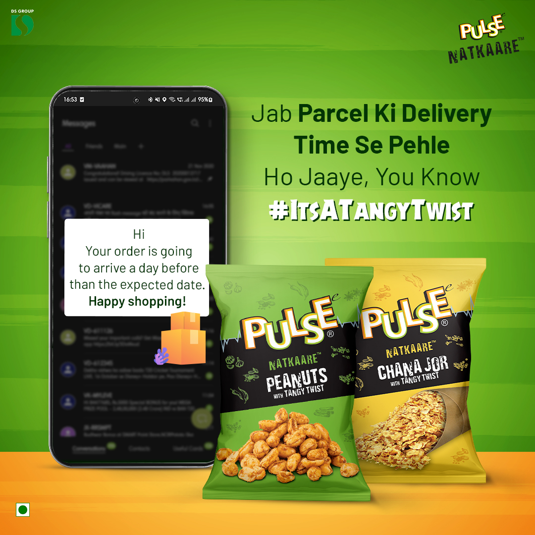 PulseSnacks's tweet photo. Pulse Natkaare khaao aur choti choti khushiyan manaao!
#SnacksOnTheGo #NewLaunch #Twist #Tangy #TangyLaunch #PulseNatkaare #TastySnacks #Peanuts #ChanaJor #Chatkaara #Sharing #Friends #Cravings #PulseNatkaareChakhaNa #MondayMotivation https://t.co/i9sQx8W6oz
