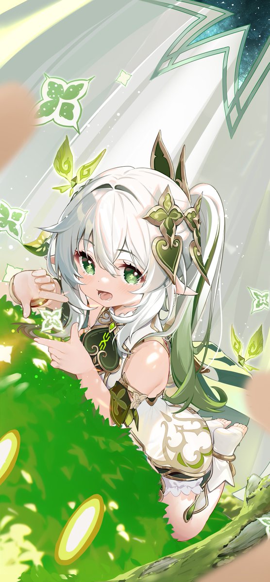 nahida (genshin impact) 1girl green eyes dress pointy ears hair ornament side ponytail white hair  illustration images