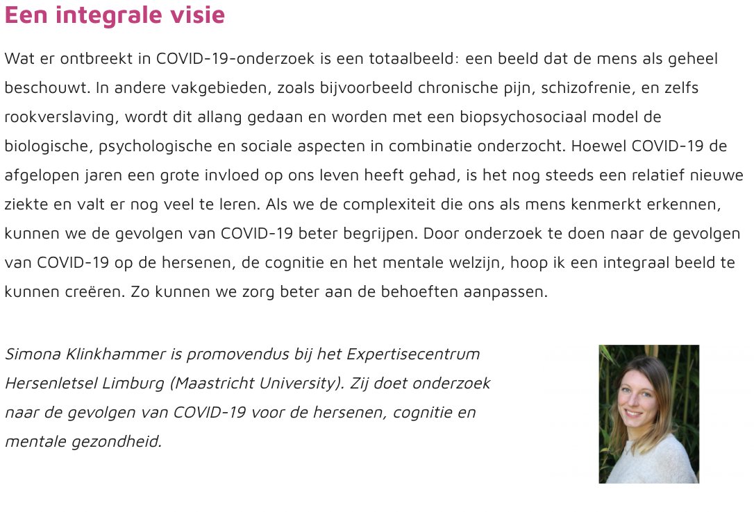 Onderzoekers proberen zicht te krijgen op de lichamelijke, cognitieve en mentale gevolgen van COVID-19. Simona Klinkhammer blogt over het belang om deze aspecten niet afzonderlijk te onderzoeken, maar te kijken naar hun samenspel. Lees de blog hier: bit.ly/3UuiRTn