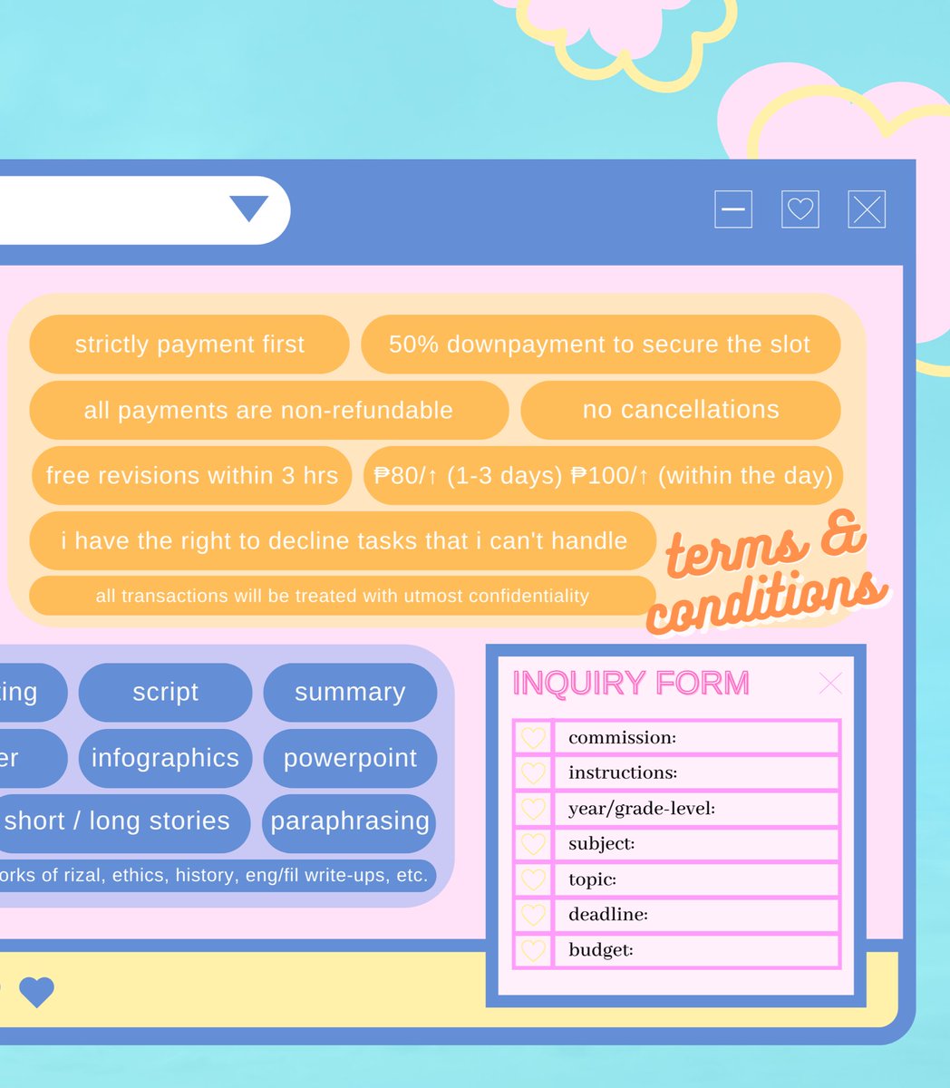 ☁️ welcome to mazi’s safe space! ☁️

need help with your tasks? i’m happy to assist as your commissioner! 

here’s my carrd for more info!
╰┈➤ mazi-comms.carrd.co/# 

˗ˏˋ꒰ #lovebymazi ꒱ for feedbacks ♡

💌 send direct message for inquiries!