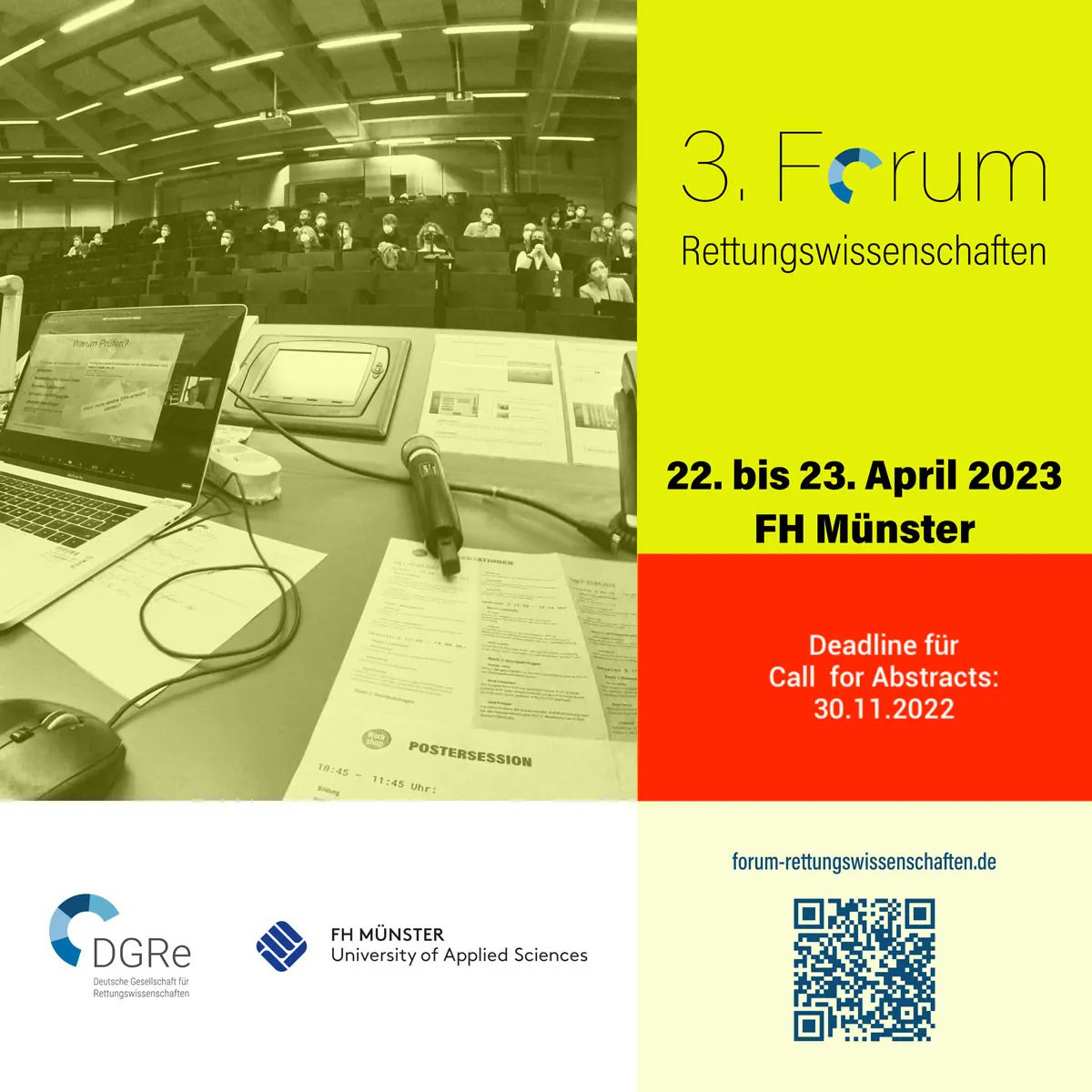 dgre_org's tweet photo. Wir suchen Einreichungen für unser 3. Forum Rettungswissenschaften im April 2023 an der FH Münster. Du hast eine empirische Projektarbeit, BA, MA, Disseration mit rettungswissenschaftlichen Bezug geschrieben? Einreichungen aller Levels sind möglich! https://t.co/C7nL3vTZZa #3FoRe https://t.co/k8xyz466Lw