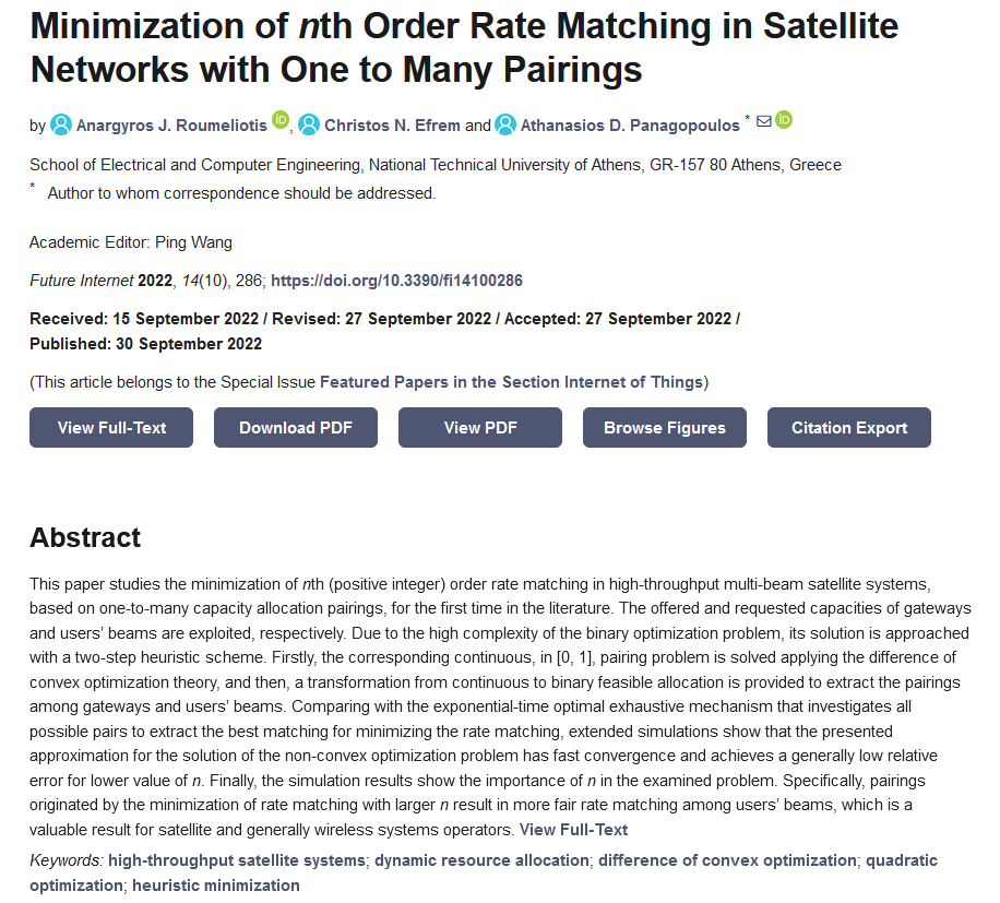 FutureInternet6's tweet image. A new paper was published by Anargyros J. Roumeliotis et al. from Greece.
Minimization of nth Order Rate Matching in #SatelliteNetworks with One to Many Pairings
difference of #convexoptimization
#quadraticoptimization
#heuristicminimization
mdpi.com/1999-5903/14/1…