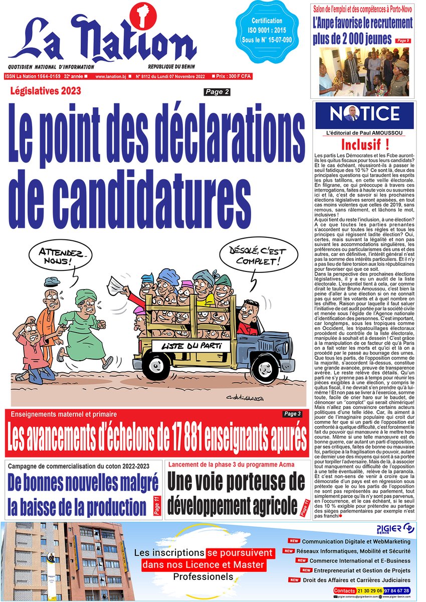 Journal La Nation
La #Une du Lundi 07 novembre 2022.
#lanationbenin #wasexo #actualite 
Aurelie I. Adam Soule Zoumarou
Ministère du Numérique et de la Digitalisation