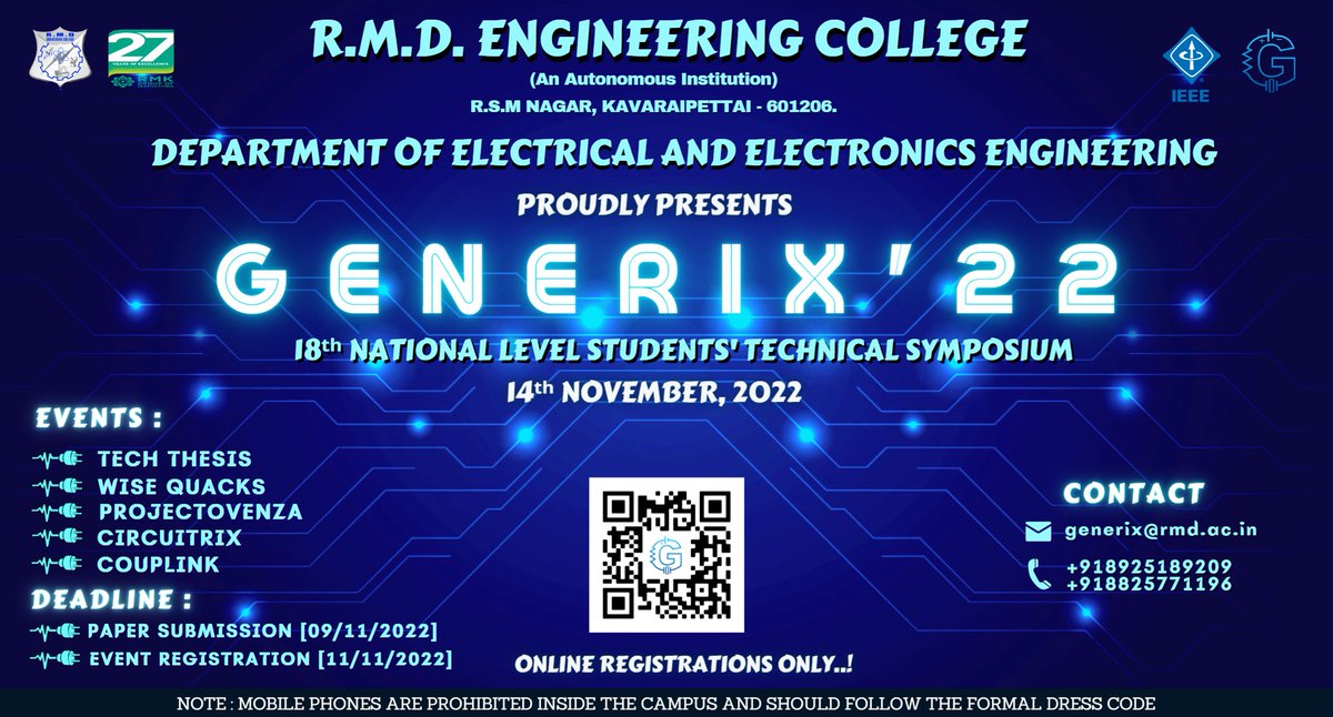 EeeRmd's tweet photo. Department of Electrical and Electronics Engineering proudly presents 18th National level Students' Technical Symposium "GENERIX'22" on 14th November , 2022.
We welcome you all.... https://t.co/OcwEow2Ylg