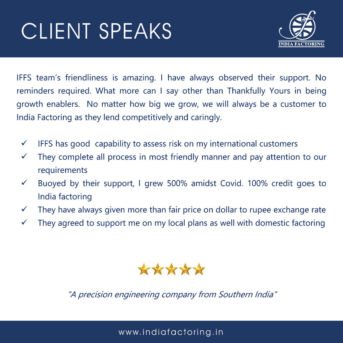 FactoringIndia's tweet photo. Continuing with our customer testimonials series, client speaks, we share the valuable feedback of a precision engineering company.

Always a pleasure to deliver as per customer's expectations and assist in businesses' tangible growth

#finance #factoring #economy #business https://t.co/gwlbNJBaiD