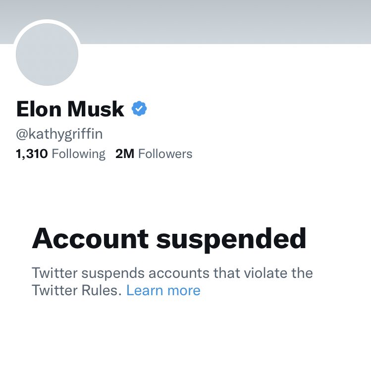 AlyeeIrfan's tweet photo. BREAKING: @KathyGriffin has been permanently suspended from Twitter for impersonating @elonmusk .
Impersonation #Comidian https://t.co/mjvswEmbsm