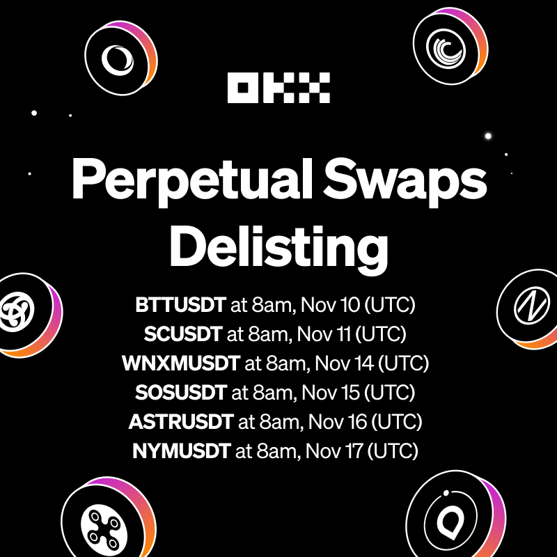 okx's tweet photo. Delisting UPDATE 🔴

Starting from Nov 10 (UTC) #OKX will delist the following perpetual swap pairs:

⛔ $BTT/USDT
⛔ $SC/USDT
⛔ $WNXM/USDT
⛔ $SOS/USDT
⛔ $ASTR/USDT
⛔ $NYM/USDT

Learn more ⤵️