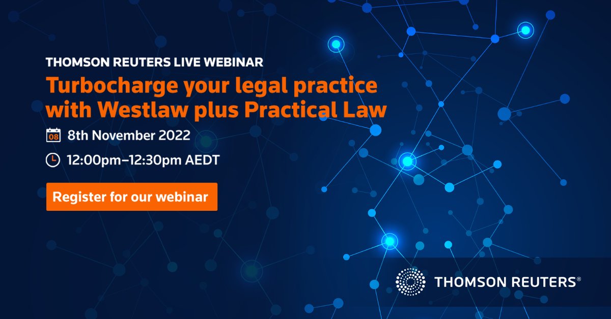 LIVE WEBINAR | Join us tomorrow for an interactive webinar and gain expert insight into how Westlaw and Practical Law work hand in hand to turbocharge your legal practice.

Register today; it’s free to attend ow.ly/soxj50Lrw9I

#TRWestlaw #TRPracticalLaw #PAExpert #AusLaw