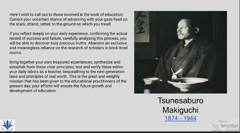 Roy_Leighton's tweet photo. @BillJarvis_ I’m still inspired by the wisdom, courage & compassion of Makiguchi For 7 years I’ve been a guest lecturer on #values and #peaceeducation @soka_univ based on his work. The quote below sums up the passion, vision & energy of the man. #ValueCreateEducate #TheButterflyModel @cperguk https://t.co/0Of1SJ2Z5z