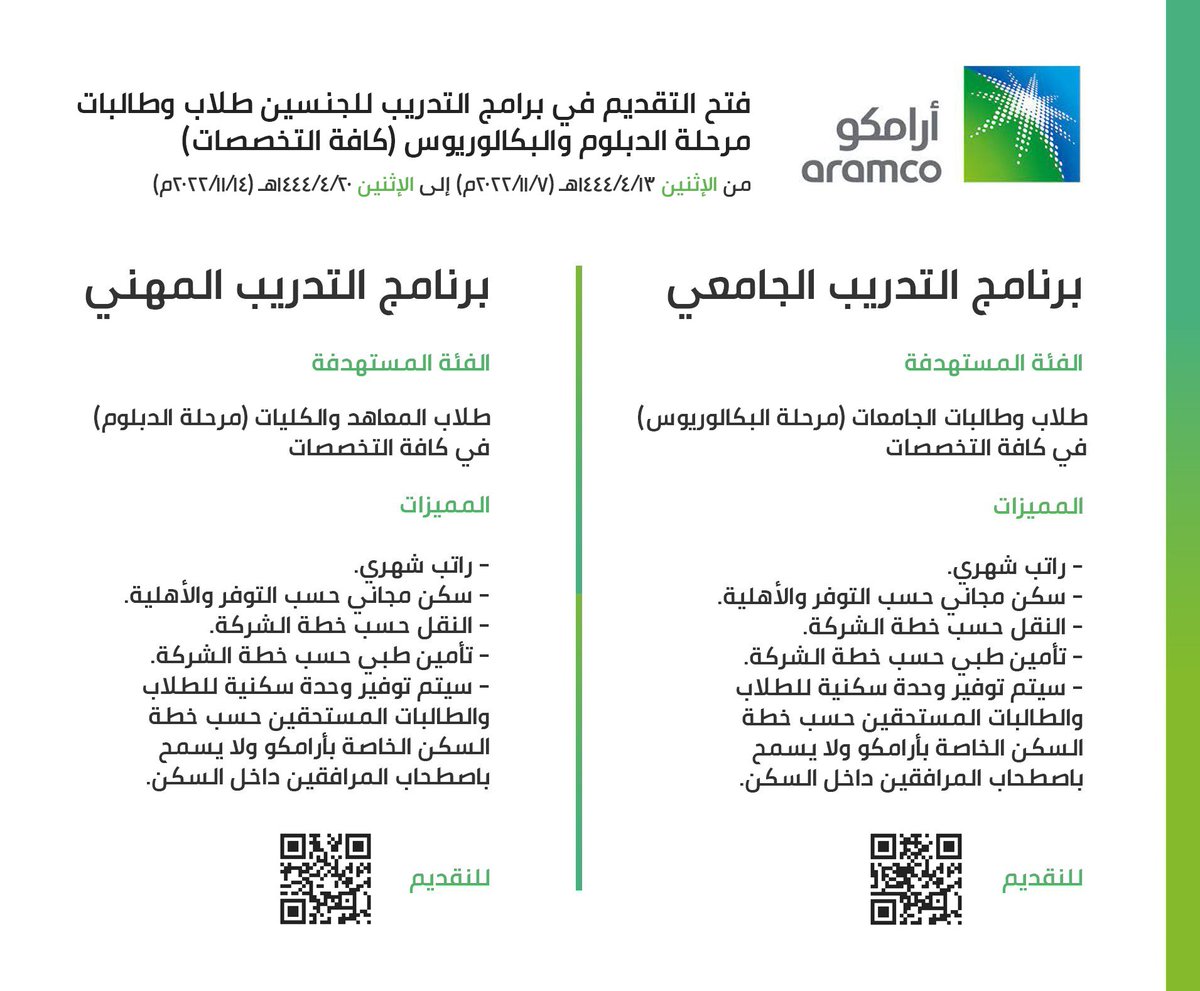 WadhefaDotCom's tweet photo. 🟢 بدأ التقديم الآن في #أرامكو_السعودية:

شركة #أرامكو تعلن فتح التسجيل في برامج التدريب المهني والجامعي للعام 2023 لطلاب وطالبات الدبلوم والبكالوريوس في كافة التخصصات (رواتب شهرية، سكن، نقل، تأمين طبي) تقام البرامج في 1444/6/23هـ.

التفاصيل: https://t.co/oWRE0jxec0

#تدريب https://t.co/NyJipuoC3w