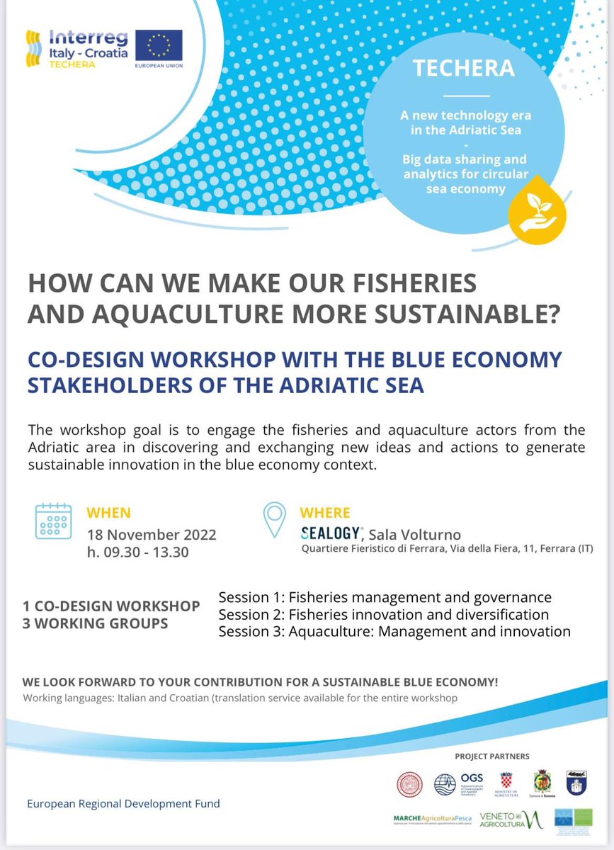 TecheraProject's tweet photo. 📢 The TECHERA project partners are pleased to invite you at the co-design workshop with the blue economy stakeholders of the Adriatic sea 🌊 which takes place on 18 November 2022 from 9,15 to 13,30 at SEALOGY 2022 (Ferrara, Italy)

📝Register here: https://t.co/P9OkhlT6e8 https://t.co/i97g9HWNHy