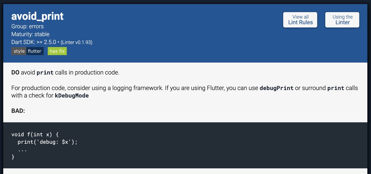 makueh's tweet image. Everyone has "DO avoid print calls in production code." seen in the code as a lint rule.
Here is the reason behind this rule and two ways do it the right way.
A short thread to learn some Flutter Basics on Monday morning 🧵👇
#FlutterBasics #FlutterDev