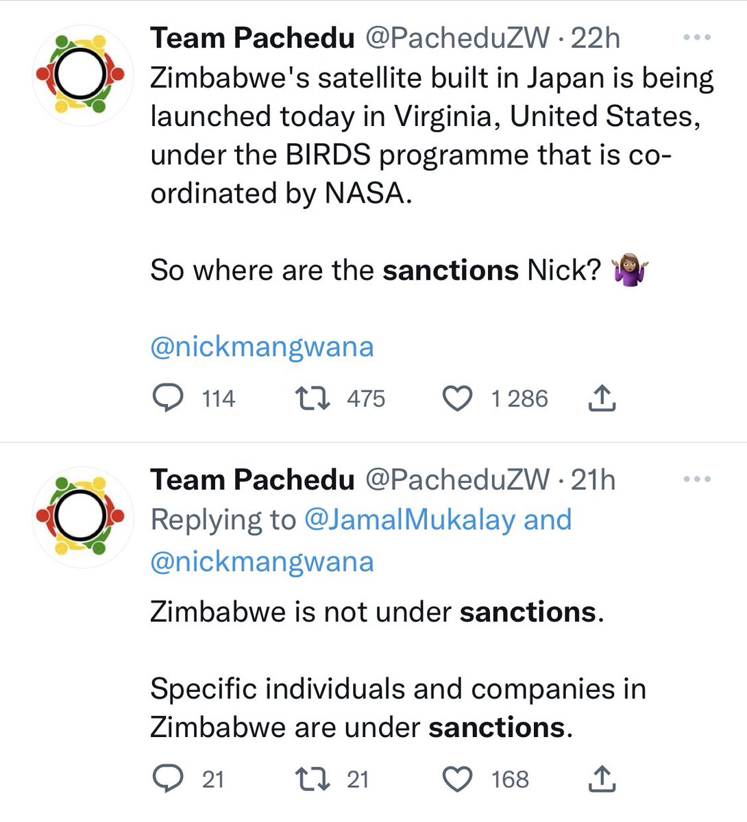 The #SanctionsDebate is now dead!

It’s official that #Zimbabwe 🇿🇼 & #USA 🇺🇸 work together. 

The Gvt of 🇿🇼 is NOT under sanctions! 

The Zim Gvt is working with Japan 🇯🇵 and USA, especially @NASA on the #ZimSat1 project. 

@nickmangwana @PacheduZW @DIRCO_ZA @SADC_News @USEmbZim
