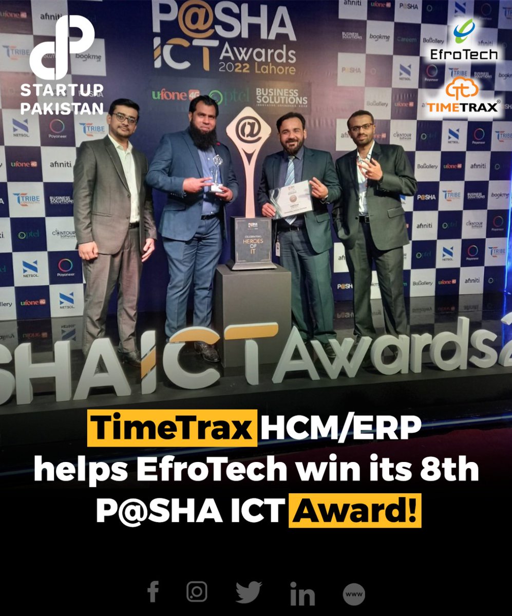 PakStartup's tweet image. @EfroTech 𝐥𝐢𝐟𝐭𝐬 𝐢𝐭𝐬 𝟏𝟎𝐭𝐡 𝐀𝐰𝐚𝐫𝐝! 🏆
4th consecutive one for @TimeTraxHR 

Service Innovation, Financial Applications, Business Services, Cloud Computing: The All-round Champion.

TimeTrax Cloud HRMS &amp;amp; ERP - Most-Widely Used, Most-Comprehensive, Most-Awarded!