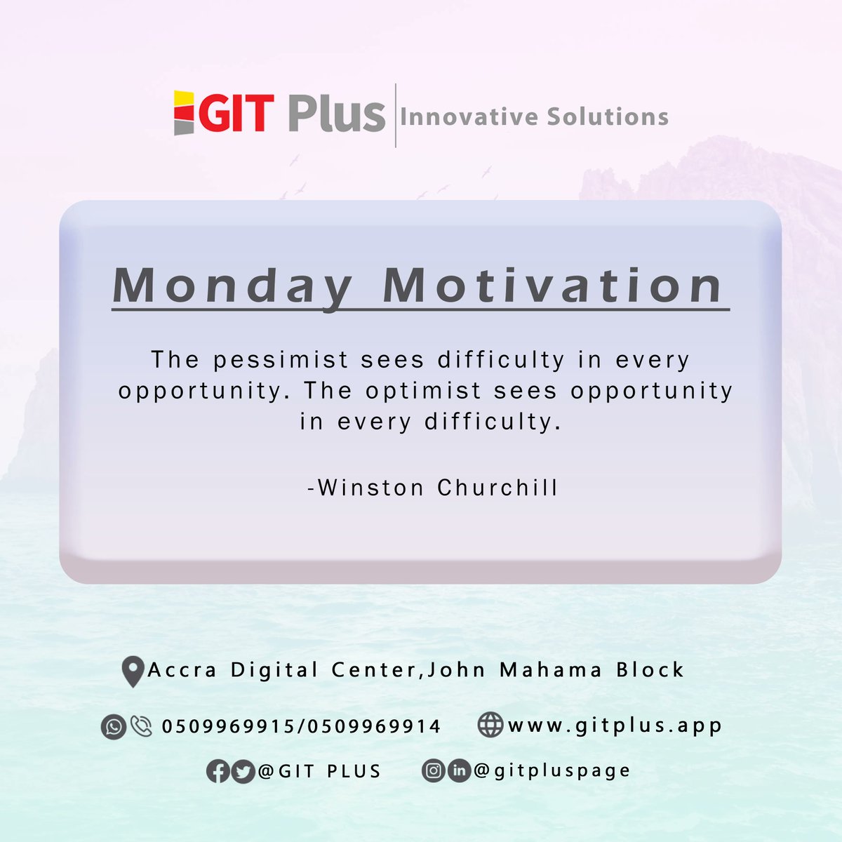 gitpluspage's tweet image. Monday Motivation. The pessimist sees difficulty in every opportunity. The optimist sees opportunity in every difficulty. — Winston Churchill
Click for more info Visit us on gitplus.app 
#gitplus
#gitplusacademy
#gitplusintern
#mondaymorning
#mondaymotivation