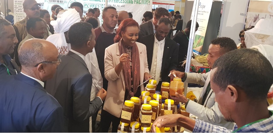 H.E.@dawit_selamawit, State Minister, Ministry of Tourism, #Ethiopia samples #honey displayed by #youth partners of #MOYESHproject, a partnership between <a href="/MastercardFdn/">Mastercard Foundation</a> &amp; <a href="/icipe/">icipe</a> during the African Livestock Exhibition &amp; Conference recently in Addis Ababa. moyesh.icipe.org