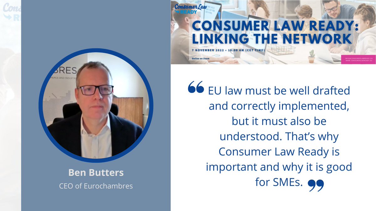 Eurochambres's tweet photo. During today's #ConsumerLawReady online conference "Linking the Network", our CEO @BenJButters emphasised that consumer law is a key component of the #SingleMarket. https://t.co/clHyBb2UbH