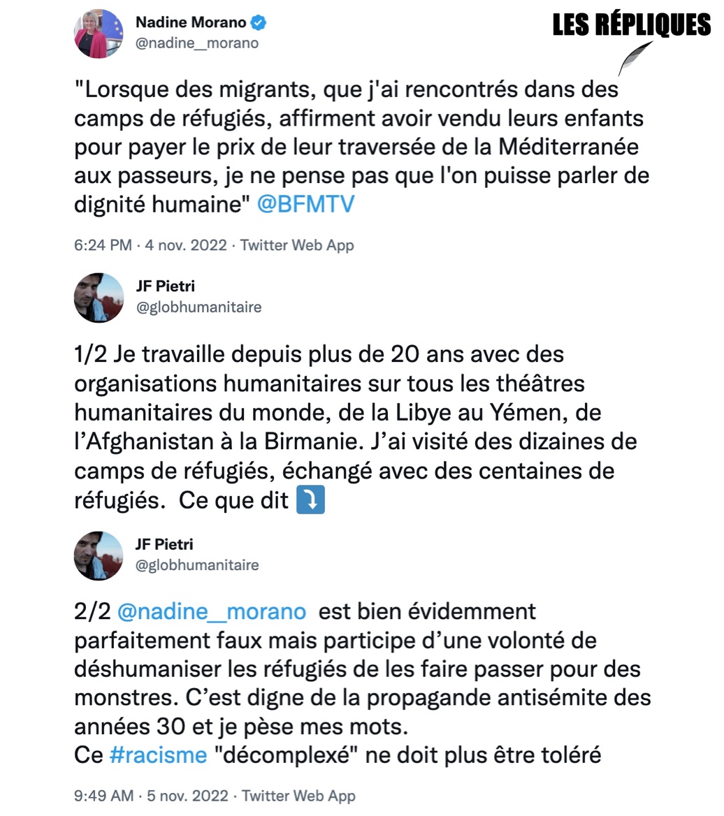 Les_Repliques's tweet image. Selon l'ancienne ministre et députée européenne @nadine__morano, les migrants qu'elle a rencontré "affirment avoir vendu leurs enfants pour payer le prix de leur traversée de la Méditerranée aux passeurs"

@globhumanitaire