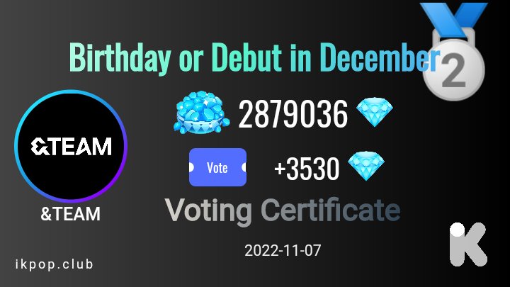 KWORLDBASE_twt's tweet photo. I voted for &amp;TEAM at #iKPOP!
Total diamonds count: 2879036
Rank: 2
https://t.co/rZsm31P4Wj
#andTEAM https://t.co/GfzzVsbHJR