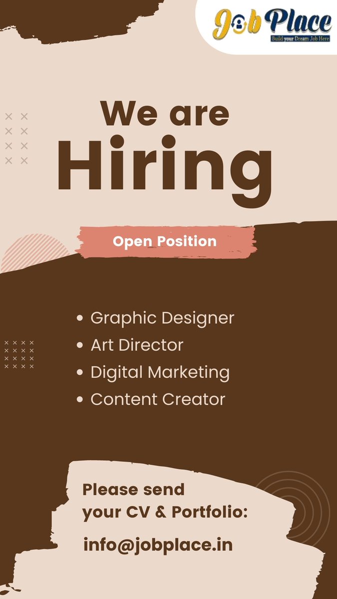 WE ARE HIRING 
> Graphic Designer 
> Art Director 
> Digital Marketing 
> Content Creator 
Join Our Team :- jobplace.in
Send Your CV :- info@jobplace .in
#new #latest_job #hiring #resume #opportunity #job_seeker #recruitment