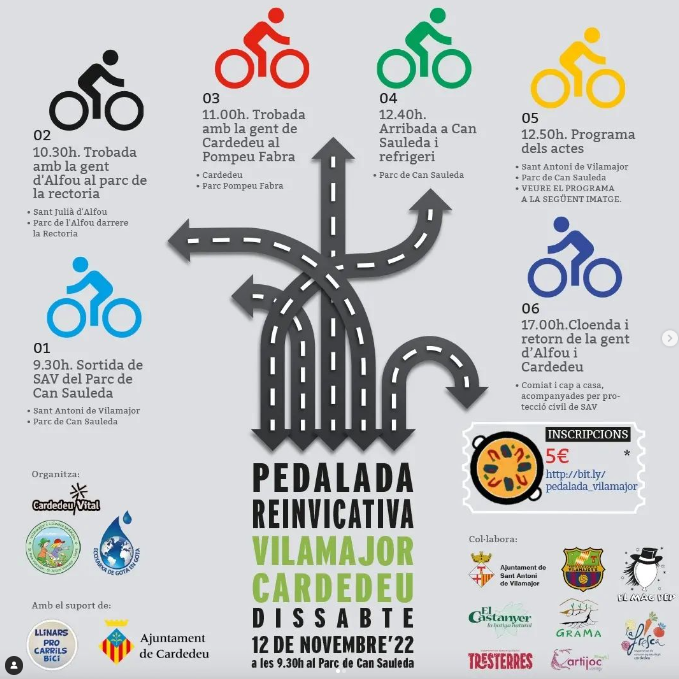 El pròxim dissabte no et perdis la pedalada reivindicativa Vilamajor – Cardedeu i vine a pedalar🚴!

📅Dia 12/11/22
📍Inici 9.30 h  Parc de Can Sauleda #SAV
🎟️Tiquets arrossada a bit.ly/pedalada_vilam… o a El Castanyer (SAV). 

Més informació a santantonidevilamajor.cat/actualitat/not…