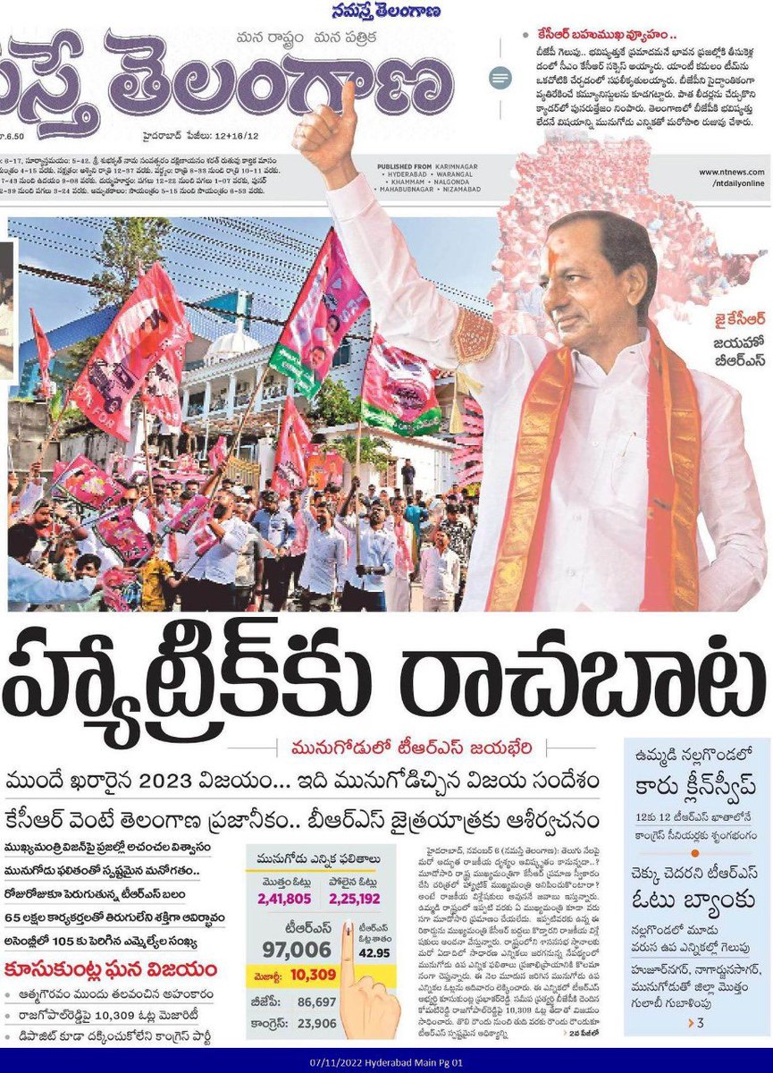 CSM_NRIBRSUK's tweet image. మునుగోడు విజయం.. టీఆర్‌ఎస్‌ హ్యట్రిక్‌కు రాచబాట

2018 తర్వాత రాష్ట్రంలో ఐదు సీట్లకు ఉప ఎన్నికలు.అందులో మూడు టీఆర్‌ఎస్‌వే.. ! ఉమ్మడి నల్లగొండ జిల్లాలో 3 సీట్లకు బైపోల్స్‌. మూడింటికి మూడు టీఆర్‌ఎస్‌వే… హ్యాట్రిక్‌!! ఈ హ్యాట్రిక్‌ పరంపర మున్ముందు కొనసాగనుంది.

#MunugodeWithKCR