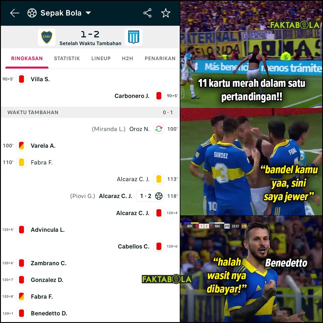 FaktaSepakbola's tweet photo. Momen saat pertandingan di Argentina, antara Boca Juniors vs Racing kemarin. 11 kartu merah dikeluarkan oleh wasit 🔴😳

Boca Juniors dapat 8 kartu (7 pemain + 1 pelatih). Dan 3 pemain Racing kena kartu merah.

Kronologi lengkapnya cek next tweet https://t.co/gt7W2jiUPE